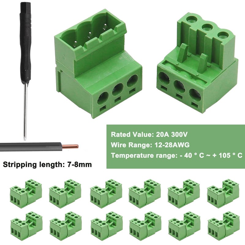 Tnisesm 12Pcs 3 Pin Screw Terminal Block Connector 5.08mm Pitch Pluggable with 3 Pin Phoenix Plug 300V 15A for 28-12AWG Cable - Image 3